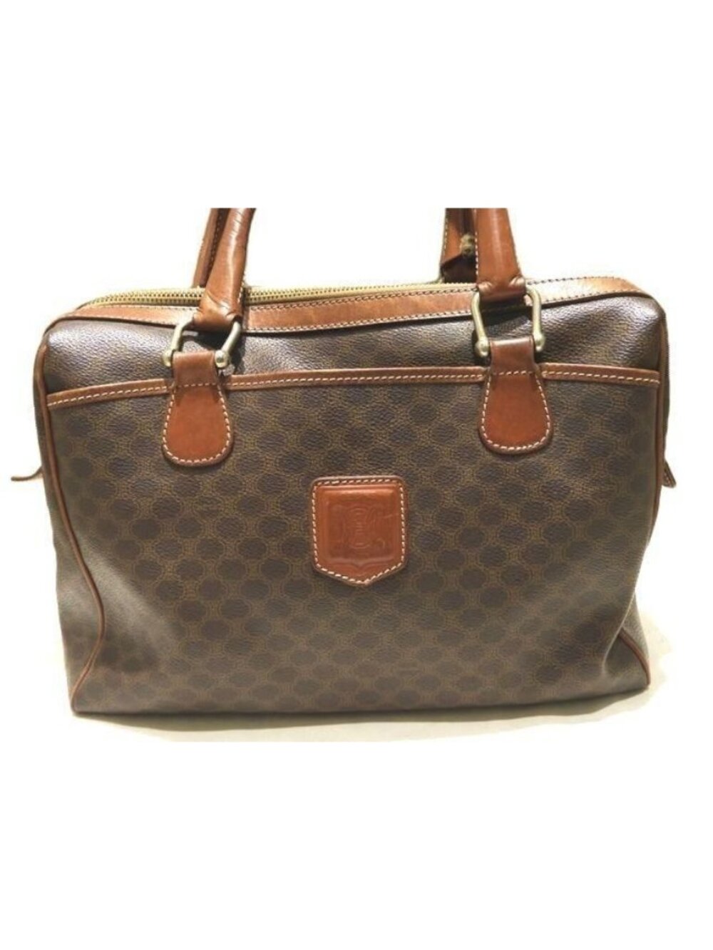 Celine Vintage Mini Boston Shape Handbag Macadam Pattern Brown Leather Tote